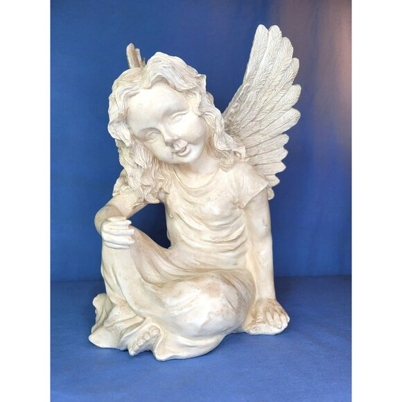 Angel Cherub Sitting Statue 11.5''H Resin Decoration Large White Figurine - Picture 1 of 7